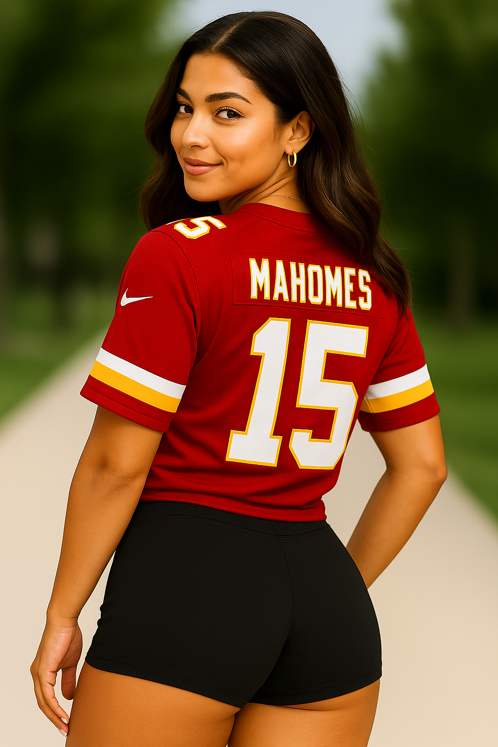 Woman wearing Patrick Mahomes #15 Kansas City Chiefs jersey, showcasing premium quality for game day.