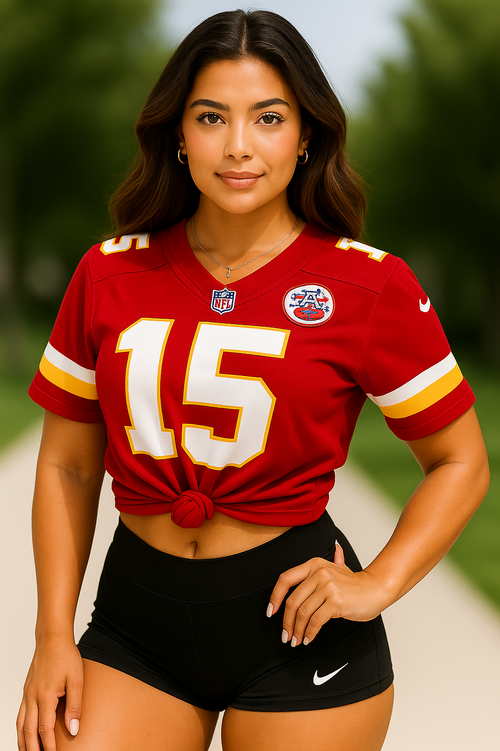Model wearing Patrick Mahomes #15 Kansas City Chiefs jersey, showcasing premium quality and team spirit.