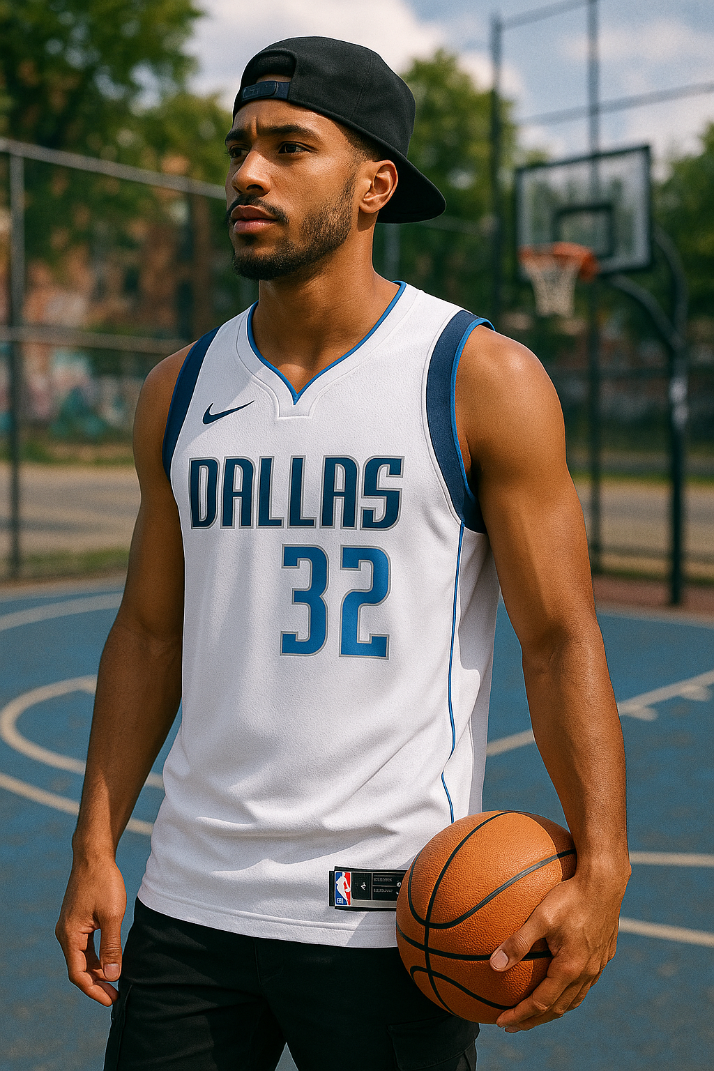 Young man wearing Cooper Flagg #32 Dallas Mavericks jersey, holding basketball on court, showcasing premium quality and Mavs style.