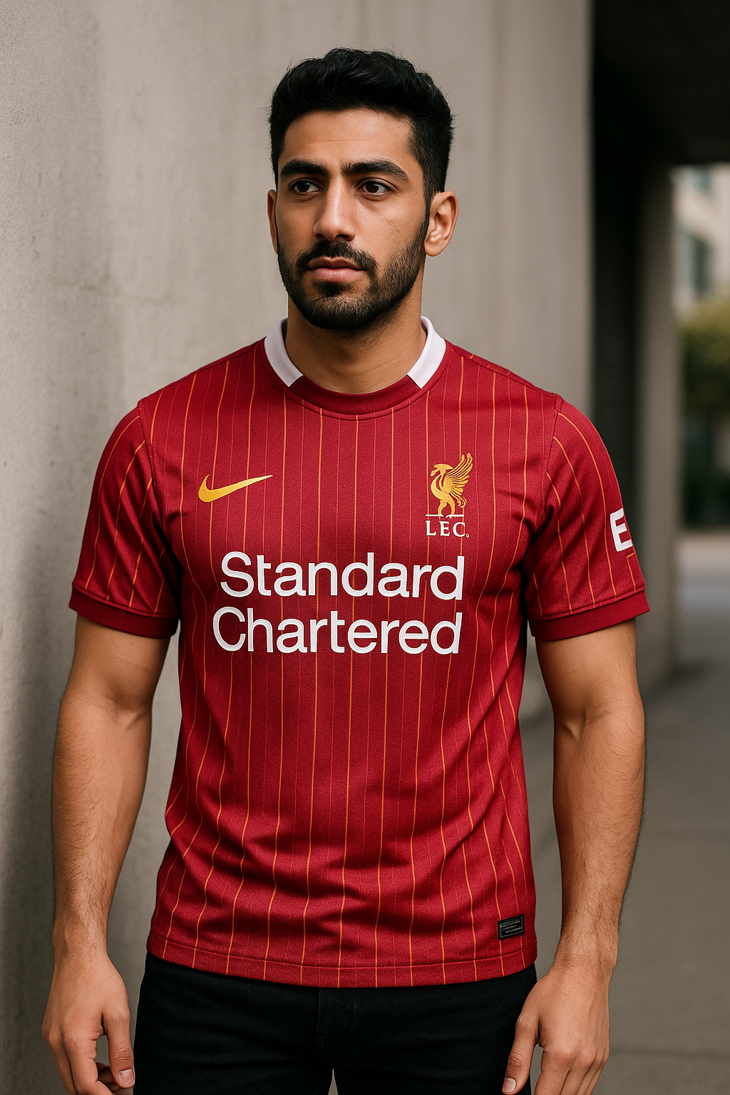A handsome male model styling the Liverpool 2025 short sleeve jersey