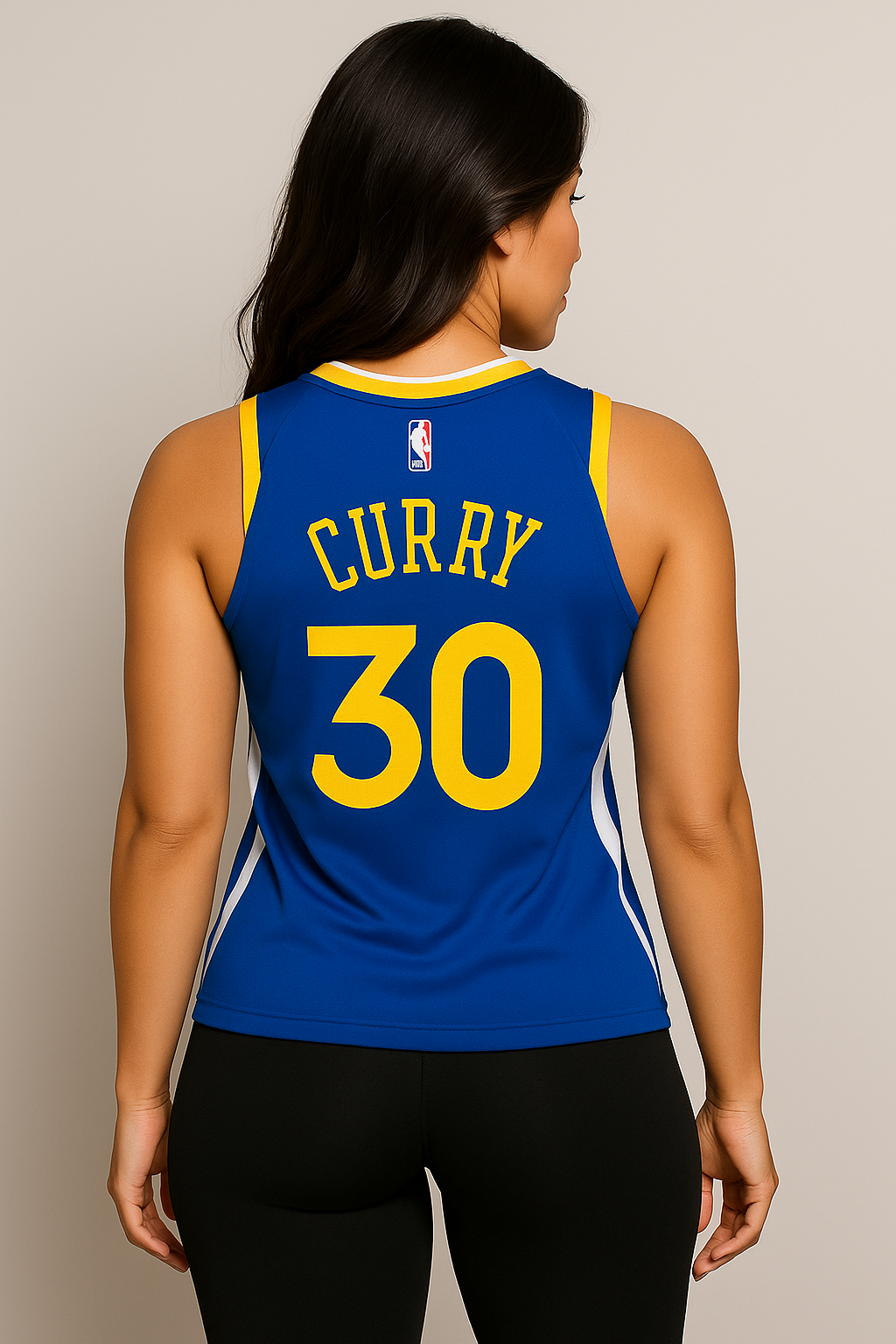 A female model showing the reverse view of the curry #30 Golden State Warriors Jersey 